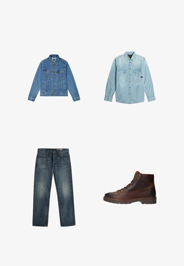 Denim jacket met een lichtblauwe wassing, klassieke snit, gespitse kraag, gouden knoopsluiting en twee borstzakken met decoratieve naden.; Lichtblauw denim overhemd met lange mouwen, knoopsluiting, twee frontzakken met klep en knopen, en een klassieke kraag.; Donkerblauwe rechtbenige denim jeans met voorzakken en knoopsluiting, met subtiele vervaagde plekken op de dijen en knieën.; Bruine leren hoge laarzen hebben een smoothe textuur, een ronde neus, een vetersluiting en metalen oogjes, met een contrasterende bruine rubberen zool.