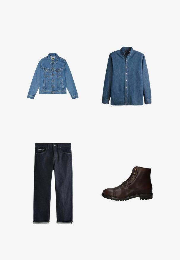 Denimjacke mit einer hellblauen Waschung, klassischem Schnitt, spitzem Kragen, goldenem Knopfverschluss und zwei Brusttaschen mit dekorativen Nähten.; Denim-Hemd in Mittelblau, mit langen Ärmeln, spitzem Kragen, weißen Knöpfen und einer taillierten Passform sowie dezentem Logostick.; Dunkelblaue Jeans aus Denim mit klassischem geradem Schnitt, fünf Taschen, Knopfverschluss und umgeschlagenen Bündchen, die eine hellblaue Innenseite zeigen.; Dunkelbraune Leder Schnürstiefelette mit robustem Gummisohlen und Metallösen, von der Außenseite betrachtet.