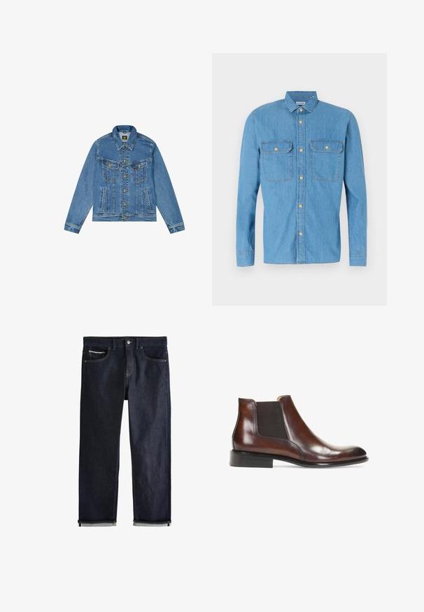 Denimjacke mit einer hellblauen Waschung, klassischem Schnitt, spitzem Kragen, goldenem Knopfverschluss und zwei Brusttaschen mit dekorativen Nähten.; Helles, blaues Jeanshemd mit langen Ärmeln, Knopfleiste, zwei Brusttaschen, spitzem Kragen und goldenen Knöpfen. Glatte Textur, lässiges Design.; Dunkelblaue Jeans aus Denim mit klassischem geradem Schnitt, fünf Taschen, Knopfverschluss und umgeschlagenen Bündchen, die eine hellblaue Innenseite zeigen.; Braune Leder-Stiefelette mit elastischen Seiteneinsätzen, glatter Oberfläche, genähten Details und einem niedrigen rechteckigen Absatz.