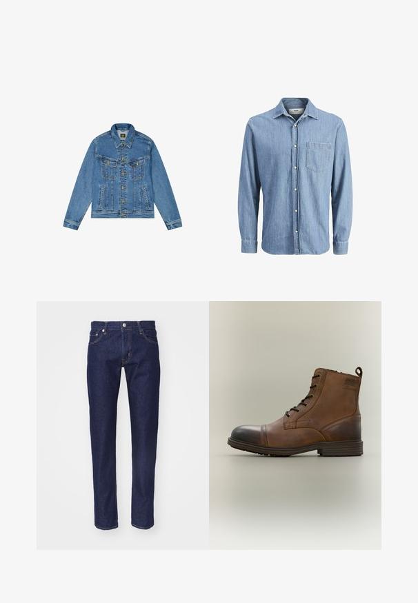 Denim jacket met een lichtblauwe wassing, klassieke snit, gespitse kraag, gouden knoopsluiting en twee borstzakken met decoratieve naden.; Lichtblauwe denim overhemd met een button-down kraag, lange mouwen, een borstzak en een geborduurd logo op de zak.; Marineblauwe denim spijkerbroek met een rechte pasvorm, vijf-pocket ontwerp, contrasterende oranje stiksels en een zilveren knoopsluiting aan de taille.; Bruine leren enkellaars met veters, zwarte neuskap, ronde zool en merkdetail aan de zijkant tegen een effen achtergrond.
