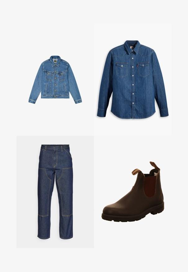 Denimjakke med en lyseblå vask, klassisk snit, spidse krave, gyldne knaplukninger og to brystlommer med dekorative sømme.; Denim skjorte i mørkeblå med lange ærmer, spids krave og trykknapper. Har to brystlommer med klapper og kontrastsying.; Mørkeblå denim jeans med høj talje, lige ben-design, kontrastsyninger og lappelommer foran.; Brune læderankelbukser med elastiske sidepaneler, trækremme og struktureret gummisål. Glat overflade med kontrasterende syninger.