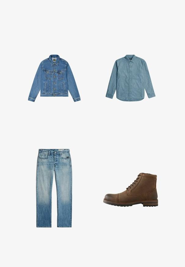 Denimjacke mit einer hellblauen Waschung, klassischem Schnitt, spitzem Kragen, goldenem Knopfverschluss und zwei Brusttaschen mit dekorativen Nähten.; Hellblaues Denimhemd mit Button-Down-Kragen, langen Ärmeln und abgerundetem Saum. Verfügt über eine subtile Textur und eine standardmäßige Knopfblende.; Hellblaue Jeans mit geradem Bein, vorderem Knopf- und Reißverschluss, fünf Taschen und dezentem Verblassen an Oberschenkeln und Knien.; Brauner Leder-Stiefel mit Schnürung vorne und robuster Sohle, geeignet für Freizeit- oder Outdoor-Einsätze.