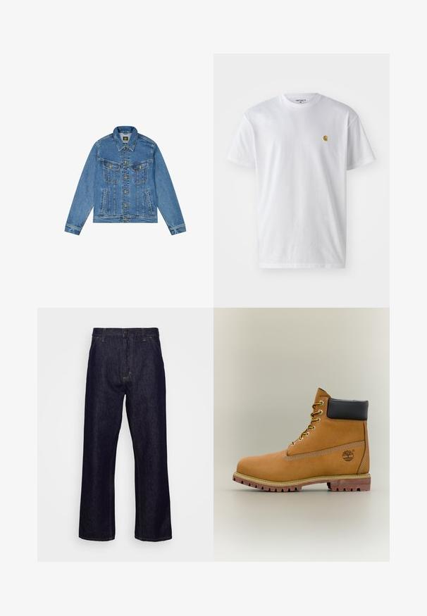 Denimjakke med en lyseblå vask, klassisk snit, spidse krave, gyldne knaplukninger og to brystlommer med dekorative sømme.; Hvid bomulds t-shirt med korte ærmer, rund hals og et lille guld logo på venstre brystområde. Blød tekstur og almindelig pasform.; Mørkeblå lige ben denim jeans med forlommer, bæltestropper, lynlås og knaplukning, præsenteret foran en simpel hvid baggrund.; Brun læderankelstøvle med sort krave, gule snørebånd og tanfarvet sål. Har logo og hvide syninger som detalje. Robust ydersål med greb.