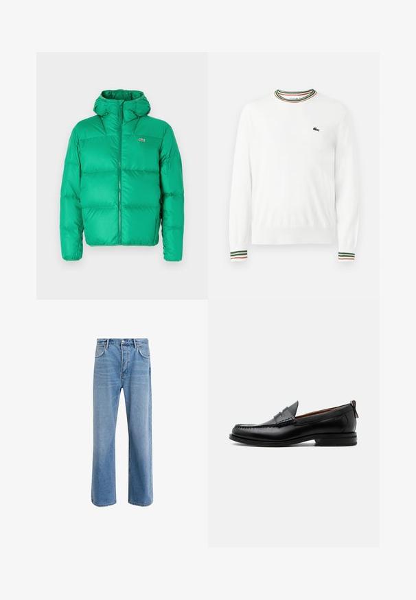 Grøn pufferjakke med hætte, der har lynlåslukning, kviltet design og signaturlogo på venstre bryst. Glat, skinnende materiale.; Hvid sweater med rund hals, prydet med grønne, røde og orange striber på kraven og ærmerne. Lacoste-logo på brystet.; Lyseblå denim jeans med lige ben-design, fem lommer, knaplukning, minimal falming og kontraststingdetaljer.; Sort læder herre loafer med moc-tå syning, penny strop, struktureret krave og lav stablet hæl på hvid baggrund.
