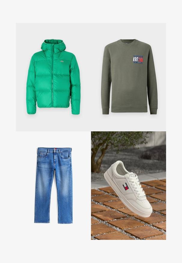 Chaqueta acolchada verde con capucha, con cierre de cremallera, diseño acolchado y logo distintivo en el lado izquierdo del pecho. Material suave y brillante.; Sudadera verde de manga larga de algodón con escote redondo. Presenta un logo gráfico en rojo, blanco y azul en el pecho. Puños y dobladillo acanalados.; Jeans de mezclilla azul con un diseño de pierna recta, que cuentan con bolsillos delanteros y traseros, herrajes plateados y un ligero desgaste a lo largo de la tela.; Zapatilla deportiva de cuero blanco con suela plana, que presenta un pequeño logo en rojo, blanco y azul. Diseño sencillo con punta redonda y cordones en la parte delantera.