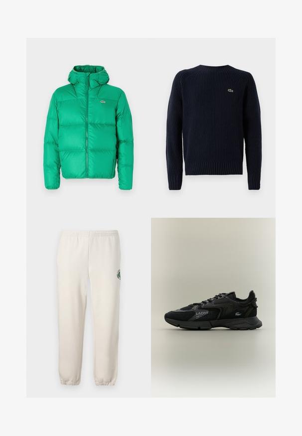 Grøn pufferjakke med hætte, der har lynlåslukning, kviltet design og signaturlogo på venstre bryst. Glat, skinnende materiale.; Mørkeblå strikket sweater med ribbet tekstur, rund hals og langærmer. Har et lille grønt logo på den øverste venstre ryg.; Lys beige sweatpants lavet af bomuld, med elastisk talje, ribbede mansjetter og et grønt logo med bladdesign på venstre ben.; Sort Lacoste sneaker med mesh- og ruskindspaneler, sort sål, snørebånd, logo og koordinattekst på siden på en ensfarvet beige baggrund.