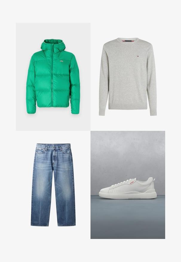 Grøn pufferjakke med hætte, der har lynlåslukning, kviltet design og signaturlogo på venstre bryst. Glat, skinnende materiale.; Lysegrå crewneck trøje med lange ærmer og lille rød, hvid og blå logo på venstre bryst.; Lyseblå jeans med lige ben, falmede områder, fem lommer, knaplukning og Calvin Klein-mærke på højre forlommer.; Hvide sneakers med en glat læderfinish, rund tå, fire snørehuller, subtile perforeringer og en rød logo detalje på siden.