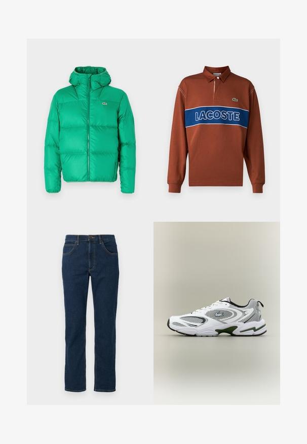 Grüne Pufferjacke mit Kapuze, ausgestattet mit einem Reißverschluss, gesteppter Optik und dem Markenzeichen auf der linken Brust. Glattes, glänzendes Material.; Langärmliges Poloshirt in rostbraun mit einem blauen horizontalen Streifen und weißem "LACOSTE"-Text. Mit Kragen und grüner Logo-Detail.; Dunkelblaue Jeans aus Denim mit geradem Schnitt, klassischem Fünf-Taschen-Design, sichtbaren Nähten in kontrastierender Farbe und Knopfverschluss.; Weiße und graue sportliche Laufschuhe mit Netzeinsätzen, grünen Akzenten, schwarzen Details und einem Logo an der Seite, von der Außenseite gezeigt.