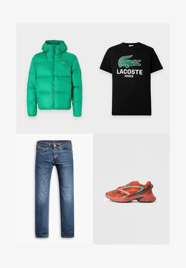 Zelená nafukovacia bunda s kapucňou, ktorá má zips, prešívaný dizajn a podpisové logo na ľavej hrudi. Hladký, lesklý materiál.; Čierne bavlnené tričko s logom zeleného krokodíla a bielym textom "LACOSTE PARIS". Krátke rukávy a klasický okrúhly výstrih.; Modré denimové džínsy so strihaťou rovného nohu, klasickým päťvreckovým štýlom, jemným zafarbovaním a šitými detailmi pozdĺž švov.; Červená a hnedá športová obuv s mriežkovou textíliou, čiernymi akcentmi a gumovou podrážkou. Disponuje zaoblenou špičkou a kontrastnými šnúrkami.