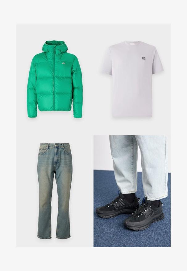 Grüne Pufferjacke mit Kapuze, ausgestattet mit einem Reißverschluss, gesteppter Optik und dem Markenzeichen auf der linken Brust. Glattes, glänzendes Material.; Hellblau-lilafarbenes T-Shirt mit kurzen Ärmeln aus Baumwolle, Rundhalsausschnitt und einem kleinen dunklen Logo-Patch auf der linken Brust. Glatte Textur.; Ausgebleichte blaue Denim-Jeans mit geradem Bein, fünf Taschen und einem Knopfverschluss. Hat subtile hellere Waschdetails.; Schwarze Sportschuhe aus strukturiertem Stoff mit Gummisohlen, ausgestattet mit elastischen Schnürsenkeln und einem blauen Akzent an der Ferse. Getragen mit hellen Jeans.
