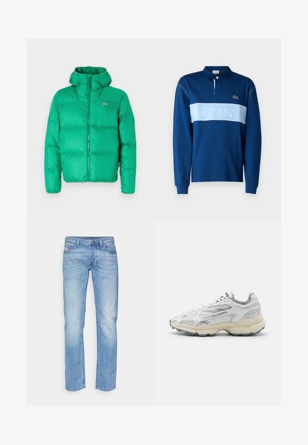Grüne Pufferjacke mit Kapuze, ausgestattet mit einem Reißverschluss, gesteppter Optik und dem Markenzeichen auf der linken Brust. Glattes, glänzendes Material.; Marineblaues langärmeliges Polohemd mit einem hellblauen horizontalen Streifen, auf dem der Text "LACOSTE" steht, aus weichem Stoff und mit einem Kragen, der drei Knöpfe hat.; Hellblaue, gerade geschnittene Jeans aus Denim mit vorderem Knopf und Reißverschluss, Gürtelschlaufen und vorderen Taschen auf einem weißen Hintergrund.; Weiße Sportschuhe mit grauen Akzenten, Obermaterial aus Mesh und Synthetik, Schnürdesign und rutschfester Gummisohle mit Strukturmustern.