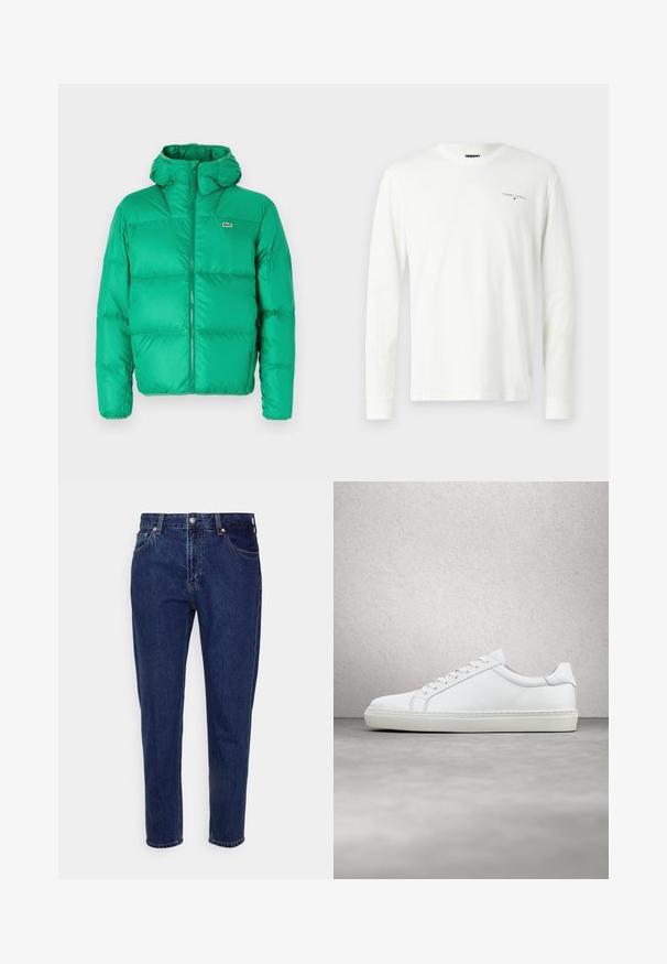 Grüne Pufferjacke mit Kapuze, ausgestattet mit einem Reißverschluss, gesteppter Optik und dem Markenzeichen auf der linken Brust. Glattes, glänzendes Material.; Weißes Langarmshirt aus Baumwolle mit rundem Ausschnitt, das ein kleines schwarzes "TOMMY JEANS"-Logo auf der linken Brust hat.; Dunkelblaue Jeans mit geradem Bein, vorderer Knopf- und Reißverschluss, Gürtelschlaufen sowie Vorder- und Gesäßtaschen.; Weißer Sneaker mit glattem Lederobermaterial und niedrigem Profil. Verfügt über eine runde Zehenpartie, sechs Ösen und eine strukturierte Gummisohle.