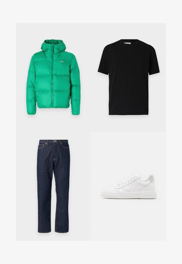 Grüne Pufferjacke mit Kapuze, ausgestattet mit einem Reißverschluss, gesteppter Optik und dem Markenzeichen auf der linken Brust. Glattes, glänzendes Material.; Schwarzes kurzärmliges T-Shirt aus Baumwolle mit Rundhalsausschnitt und lockerer Passform. Sanfte Textur, keine Muster oder sichtbaren Logos.; Dunkelblaue Denimjeans mit geradem Bein-Design. Verfügt über einen Knopf- und Reißverschluss, fünf Taschen und Kontrastnähte.; Weiße Leder-Sneaker mit glatter Oberfläche, rundem Zehenbereich, flachen Schnürsenkeln und strukturiertem Schuhsohlen. Graues Wildleder-Detail an der Ferse.