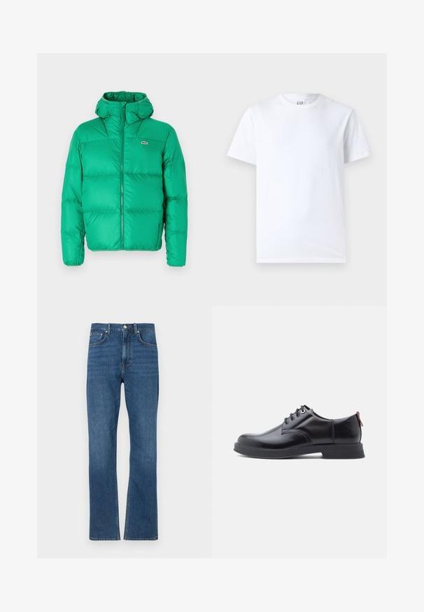 Grüne Pufferjacke mit Kapuze, ausgestattet mit einem Reißverschluss, gesteppter Optik und dem Markenzeichen auf der linken Brust. Glattes, glänzendes Material.; Weißes Baumwoll-T-Shirt mit Rundhalsausschnitt und kurzen Ärmeln. Einfaches Design ohne Muster oder Grafiken, mit GAP-Logo am Kragen.; Blaue gerade geschnittene Jeans aus Denim mit vorderem Knopf, Reißverschluss, Gürtelschlaufen und fünf Taschen, sichtbar auf einem weißen Hintergrund.; Schwarze Leder-Schnürschuhe mit glatter Textur, rundem Zehenbereich und dezenten Ziernähten. Mit einem roten Laschenband an der Ferse.
