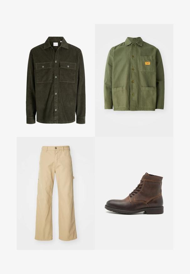 Veste-chemise en velours côtelé vert foncé avec fermeture par boutons sur le devant, deux poches poitrine boutonnées, manches longues et col classique.; Veste verte olive en coton épais, avec un col pointu, des boutons à l'avant et deux grandes poches plaquées. Comprend un petit patch avec un logo.; Pantalons cargo larges beiges avec fermeture à bouton, dotés de poches latérales, fabriqués en coton robuste, avec une texture lisse et un design droit.; Jack & Jones JFWDELANEY BOOT - Bottines à lacets - cognac