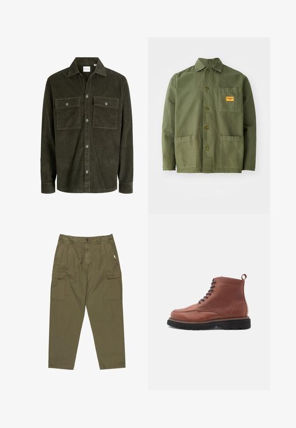 Veste-chemise en velours côtelé vert foncé avec fermeture par boutons sur le devant, deux poches poitrine boutonnées, manches longues et col classique.; Veste verte olive en coton épais, avec un col pointu, des boutons à l'avant et deux grandes poches plaquées. Comprend un petit patch avec un logo.; Pantalons cargo en vert olive en coton, avec un bouton à l'avant, des poches latérales et deux grandes poches cargo sur les cuisses.; Bottes chelsea en cuir marron avec un bout arrondi, un système de laçage à l'avant et une surface texturée, dotées d'une languette et d'une semelle noire robuste.