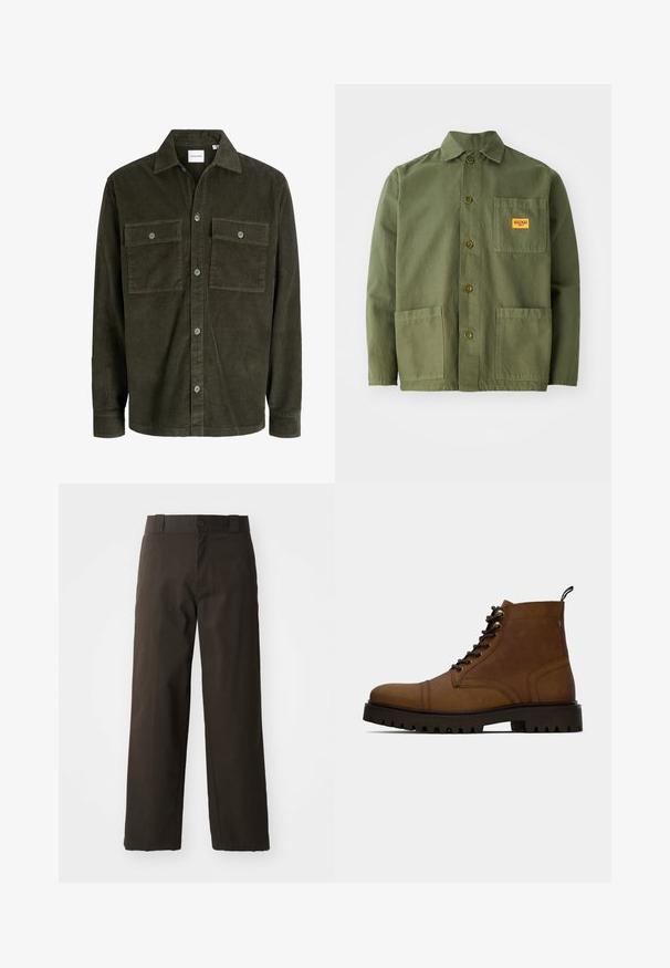 Veste-chemise en velours côtelé vert foncé avec fermeture par boutons sur le devant, deux poches poitrine boutonnées, manches longues et col classique.; Veste verte olive en coton épais, avec un col pointu, des boutons à l'avant et deux grandes poches plaquées. Comprend un petit patch avec un logo.; Pantalons en coton noirs avec une coupe droite, dotés d'une fermeture à bouton et d'une taille classique. Texture lisse, sans motifs ni accents.; Botte de cheville en cuir marron à lacets avec semelle crantée noire épaisse et languette, sur fond blanc.