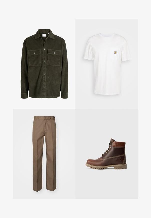 Veste-chemise en velours côtelé vert foncé avec fermeture par boutons sur le devant, deux poches poitrine boutonnées, manches longues et col classique.; T-shirt en coton blanc à manches courtes, avec une poche poitrine et un petit patch logo carré en orange et blanc sur la poche.; Pantalon marron à design plat sur le devant, jambes droites et taille classique. Fabriqué en tissu durable, sans motifs ni ornements visibles.; Bottine en cuir marron à lacets, avec un col rembourré, des coutures contrastées et une semelle robuste, vue de l'extérieur sur un fond blanc.