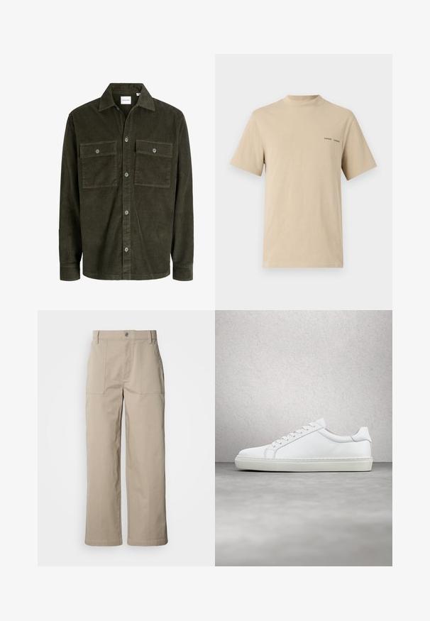 Veste-chemise en velours côtelé vert foncé avec fermeture par boutons sur le devant, deux poches poitrine boutonnées, manches longues et col classique.; T-shirt en coton beige avec un col rond et des manches courtes. Arbore un logo textuel subtil "SAMSOE" en noir sur la poitrine.; Pantalon beige à jambes larges en coton ; doté de poches plaquées à l'avant, d'une fermeture à bouton et de coutures visibles le long des ourlets.; Sneaker blanche avec une tige en cuir lisse et un profil bas. Présente un bout arrondi, six œillets et une semelle en caoutchouc texturé.