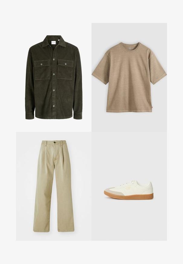 Veste-chemise en velours côtelé vert foncé avec fermeture par boutons sur le devant, deux poches poitrine boutonnées, manches longues et col classique.; T-shirt en coton beige à manches courtes avec col rond et coupe décontractée, présenté sur un fond gris clair uni.; Pantalons larges beiges en tissu coton, dotés d'une taille haute, de plis avant et d'une fermeture à un bouton.; Baskets en cuir blanc avec une coque beige et une semelle en caoutchouc marron clair. Dotées de lacets blancs plats et d'un logo embossé sur le côté.