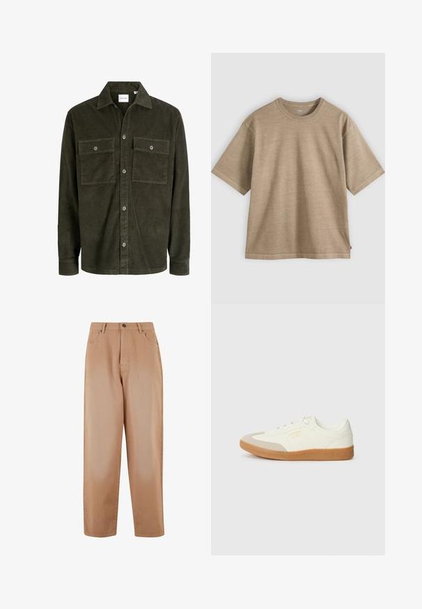 Veste-chemise en velours côtelé vert foncé avec fermeture par boutons sur le devant, deux poches poitrine boutonnées, manches longues et col classique.; T-shirt en coton beige à manches courtes avec col rond et coupe décontractée, présenté sur un fond gris clair uni.; Pantalons larges beiges en tissu de coton doux. Dotés d'une fermeture à bouton et à glissière à l'avant, de cinq poches et de passants de ceinture.; Baskets en cuir blanc avec une coque beige et une semelle en caoutchouc marron clair. Dotées de lacets blancs plats et d'un logo embossé sur le côté.