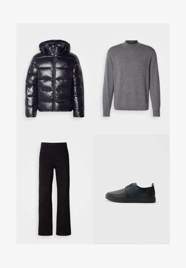 Veste coupe-vent noire avec une texture brillante et matelassée, dotée d'une capuche, d'une fermeture éclair et de poignets élastiques pour la chaleur et le confort.; Pull gris à manches longues en matériau tricoté, avec un col montant et un logo discret sur la poitrine. Texture lisse et design ajusté.; Pantalons en coton noir avec une coupe droite, dotés d'une fermeture à bouton et de passants de ceinture. Texture lisse et style minimaliste sans motifs visibles.; Baskets en cuir noir avec une finition lisse, bout arrondi, coutures ton sur ton, devant à lacets et semelle plate en caoutchouc. Anse au talon.