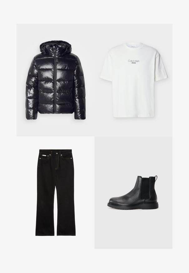 Abrigo acolchado negro con una textura brillante y acolchada, que cuenta con capucha, cierre de cremallera y puños elásticos para calidez y comodidad.; Camiseta blanca de manga corta con "Calvin Klein JEANS" impreso en negro centrado en el pecho sobre un fondo liso.; Vaqueros negros de pierna recta con costuras naranjas, cinco bolsillos, cierre de botón y una pequeña etiqueta Calvin Klein en el bolsillo delantero derecho.; Botas Chelsea de cuero negro con acabado texturizado, paneles laterales elásticos y una suela de goma resistente. Marca sutil en el talón.