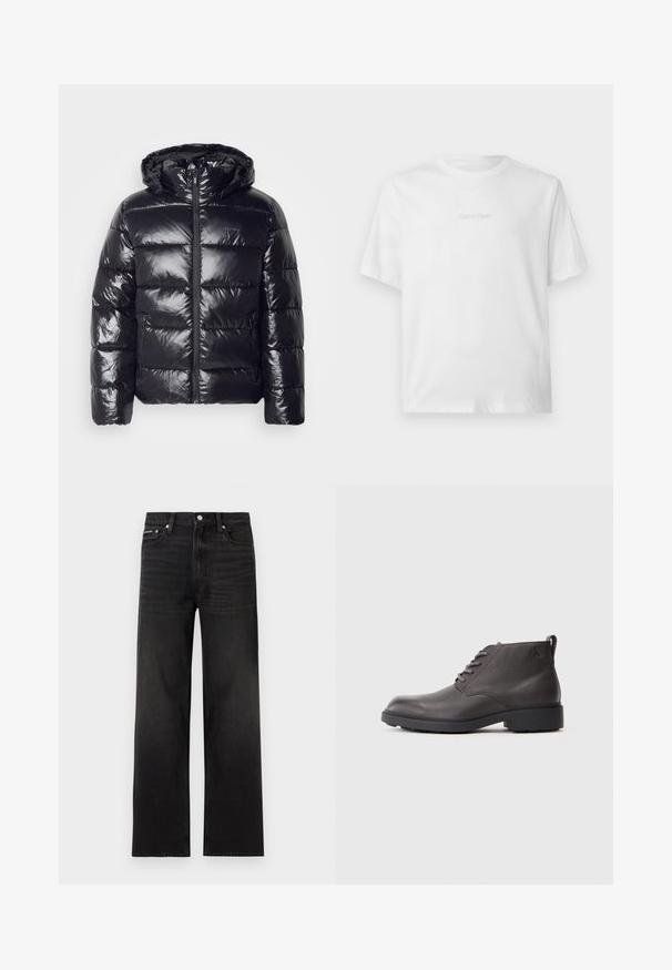 Abrigo acolchado negro con una textura brillante y acolchada, que cuenta con capucha, cierre de cremallera y puños elásticos para calidez y comodidad.; Camiseta blanca de manga corta con cuello redondo y discreto logo en relieve de Calvin Klein centrado en el pecho.; Jeans negros de pierna recta con diseño de cinco bolsillos, presillas para cinturón y cierre de botón, mostrados sobre un fondo blanco.; Botas de cuero negro hasta el tobillo con acabado texturizado, puntera redonda, cierre de cordones y una suela de goma baja y resistente. Presentan un detalle con el logo en el lateral.