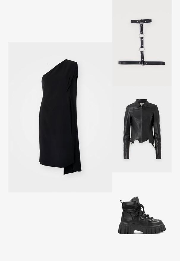 Schwarze, kurze Lederjacke mit Kragen, Reißverschluss vorne und einer Brusttasche; verfügt über einen ausgefransten Saum und Nahtdetails. Glatte Textur.; Schwarzes asymmetrisches Kleid mit einem Schulterträger, aus glattem Stoff, mit drapierter Gestaltung und seitlichem Schlitz für zusätzliche Details.; Schwarze Knöchelstiefel mit gepolstertem Kragen, dicker, geriffelter Plattformsohle und Stoffsenkeln. Hergestellt aus glatten und strukturierten synthetischen Materialien.; Schwarzer Kunstleder-Geschirr mit silbernen Metallringen und Nieten, ausgestattet mit verstellbaren Riemen, die in einem vertikalen und horizontalen Muster angeordnet sind.
