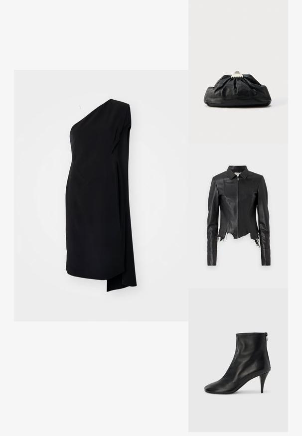 Chaqueta de cuero negra recortada con cuello, cierre frontal de cremallera y un bolsillo en el pecho; presenta un dobladillo deshilachado y detalles en las costuras. Textura suave.; Vestido negro asimétrico con un hombro, hecho de una tela suave, que presenta un diseño drapeado y una abertura lateral para un detalle adicional.; Botines de cuero negro con una textura suave, punta puntiaguda y un tacón de aguja delgado. Cuentan con una cremallera lateral para facilitar su uso.; Bolso de mano de cuero negro con textura recogida, cierre de broche metálico y logo en relieve sutil en el frente. Forma redondeada.