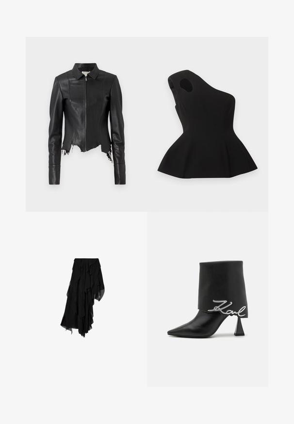Schwarze, kurze Lederjacke mit Kragen, Reißverschluss vorne und einer Brusttasche; verfügt über einen ausgefransten Saum und Nahtdetails. Glatte Textur.; Schwarzes, asymmetrisches ärmelloses Oberteil mit Ausschnitt in der Nähe der Schulter und ausgestelltem Peplum-Saum, flach auf einem hellen Hintergrund liegend.; Schwarzer asymmetrischer Rock mit geschichteten, fließenden Chiffonstoffen, die einen gerafften, ungleichmäßigen Saum erzeugen.; Schwarzer Leder-Stiefelette mit spitzer Zehenpartie, hohem Blockabsatz und umgeschlagenem Schaft mit silbernem "Zaul"-Logo-Detail.