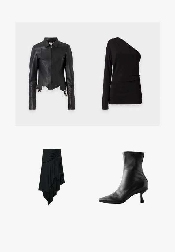 Chaqueta de cuero negra recortada con cuello, cierre frontal de cremallera y un bolsillo en el pecho; presenta un dobladillo deshilachado y detalles en las costuras. Textura suave.; Blusa negra de manga larga con un escote asimétrico, textura suave y silueta ajustada. Sin patrones ni adornos visibles.; Falda negra asimétrica con detalle fruncido en la cintura y tela en capas drapeada que crea un dobladillo en cascada.; Botín de cuero negro hasta el tobillo con punta afilada, diseño ajustado y tacón bajo y acampanado, que presenta una textura suave y detalles de costura mínimos.
