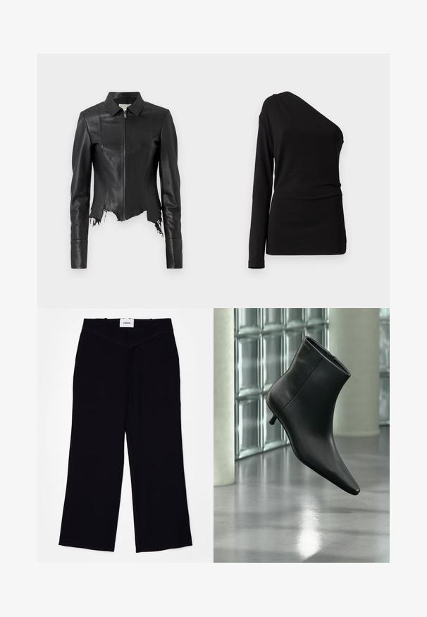 Veste en cuir noire courte avec un col, fermeture éclair à l'avant et une poche poitrine unique ; présente un ourlet effiloché et des détails de couture. Texture lisse.; Haut à manches longues noir avec un décolleté asymétrique, une texture lisse et une silhouette ajustée. Pas de motifs ni d'ornements visibles.; Pantalons larges noirs en tissu lisse. Dotés d'une taille plate avec passants de ceinture et d'une finition soignée aux ourlets.; Bottine en cuir noir à bout pointu et petit talon kitten, présentée en angle devant un sol poli et un mur en blocs de verre.