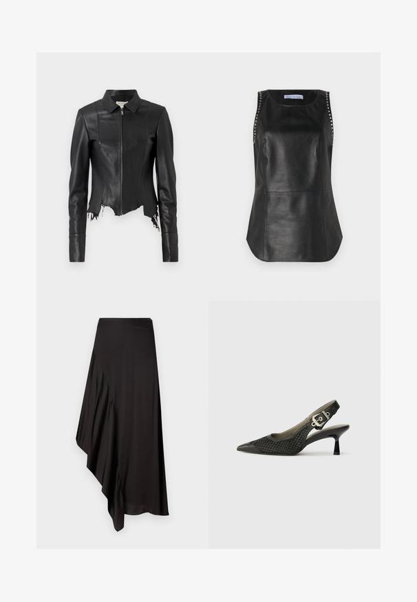 Veste en cuir noire courte avec un col, fermeture éclair à l'avant et une poche poitrine unique ; présente un ourlet effiloché et des détails de couture. Texture lisse.; Top sans manches en cuir noir avec une texture lisse, agrémenté de clous en métal le long des épaules et d'un ourlet arrondi.; AERON ASTER SKIRT - Jupe crayon - black; Chaussure slingback noire avec un bout pointu, texture en maille tissée et accent de boucle au talon. Talon fin et courbé. Détails en cuir lisse.