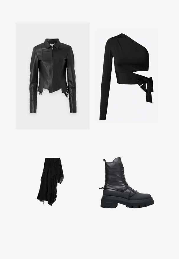 Schwarze, kurze Lederjacke mit Kragen, Reißverschluss vorne und einer Brusttasche; verfügt über einen ausgefransten Saum und Nahtdetails. Glatte Textur.; Schwarzes, asymmetrisches Langarmoberteil mit tailliertem Schnitt und seitlicher Bindung, gefertigt aus glattem, elastischem Stoff.; Schwarzer asymmetrischer Rock mit geschichteten, fließenden Chiffonstoffen, die einen gerafften, ungleichmäßigen Saum erzeugen.; Schwarze Schnürstiefelette aus Leder mit einer massiven Plateausohle, die eine strukturierte Oberfläche und eine Zugschlaufe an der Rückseite aufweist.