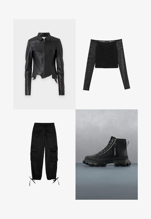 Sort cropped læderjakke med krave, lynlås foran og en enkelt brystlomme; har frynset kant og sømdetaljer. Glat tekstur.; Sort langærmet top med en rynket front, solid bodice og gennemsigtige, teksturerede ærmer. Naturlig halsudskæring og tætsiddende design.; Sorte cargo-bukser lavet af blødt stof, med snor i taljen, to forlommer og to sidelommer med knapklapper. Justerbare manchetter.; Sorte ankelstøvler lavet af syntetisk materiale, med en sidelukning i form af lynlås, snørebånd og tykke, rummelige såler. Struktureret overflade og kontrastfarver.