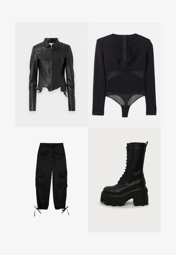 Zwarte croppedd leren jas met een kraag, ritssluiting aan de voorkant en een enkele borstzak; heeft een rafelige zoom en stiksel details. Glad textuur.; Zwarte langemouwen bodysuit met een diepe V-halslijn, gelaagd ontwerp en doorschijnende meshpanelen. Sluiting aan de achterkant met drukknopen onderaan.; Zwarte cargobroek van zachte stof, met een trekkoord in de taille, twee voorzakken en twee zijzakken met knoopflappen. Verstelbare boorden.; Zwarte hoge leren veterplatformlaars met dikke geribbelde zool en halverwege de kuit hoogte, getoond vanaf de rechterkant op een egale achtergrond.