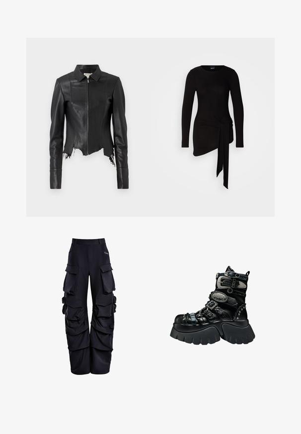 Veste en cuir noire courte avec un col, fermeture éclair à l'avant et une poche poitrine unique ; présente un ourlet effiloché et des détails de couture. Texture lisse.; Haut noir à manches longues en tissu doux et extensible ; doté d'un nœud sur le côté et d'un ourlet asymétrique.; Pantalons cargo noirs en tissu texturé, dotés de multiples grandes poches, d'une coupe relaxée et de détails froncés sur les côtés.; Botte plateforme noire avec semelle épaisse, multiples brides texturées, boucles argentées, accents métalliques décoratifs et détails cloutés.