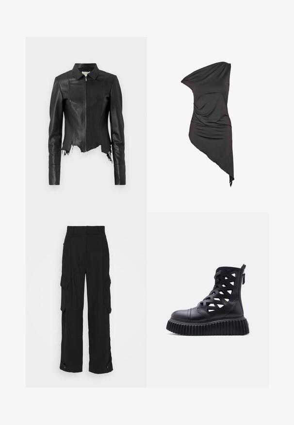 Chaqueta de cuero negra recortada con cuello, cierre frontal de cremallera y un bolsillo en el pecho; presenta un dobladillo deshilachado y detalles en las costuras. Textura suave.; Vestido negro asimétrico de un solo hombro con tela drapeada y dobladillo desigual, más largo en un lado.; DAY Birger et Mikkelsen LANCE CLASSIC GABARDINE - Pantalones cargo - black; Botín de plataforma de cuero negro con recortes geométricos, cremallera lateral y suela gruesa acanalada sobre un fondo blanco.