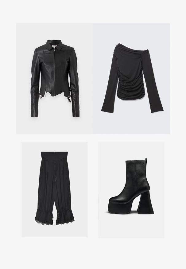 Sort cropped læderjakke med krave, lynlås foran og en enkelt brystlomme; har frynset kant og sømdetaljer. Glat tekstur.; Sort langærmet top med asymmetrisk off-shoulder halsudskæring og rynkede detaljer på siderne og foran.; Sorte bukser med vide ben og høj talje, snøre med duske som bælte, blonder kant på siderne og flæsekant med blonde detaljer.; Sort læderankelstøvle med tyk platformsål og bred, udvidet høj hæl, glat tekstur og lille logo nær den øverste kant.
