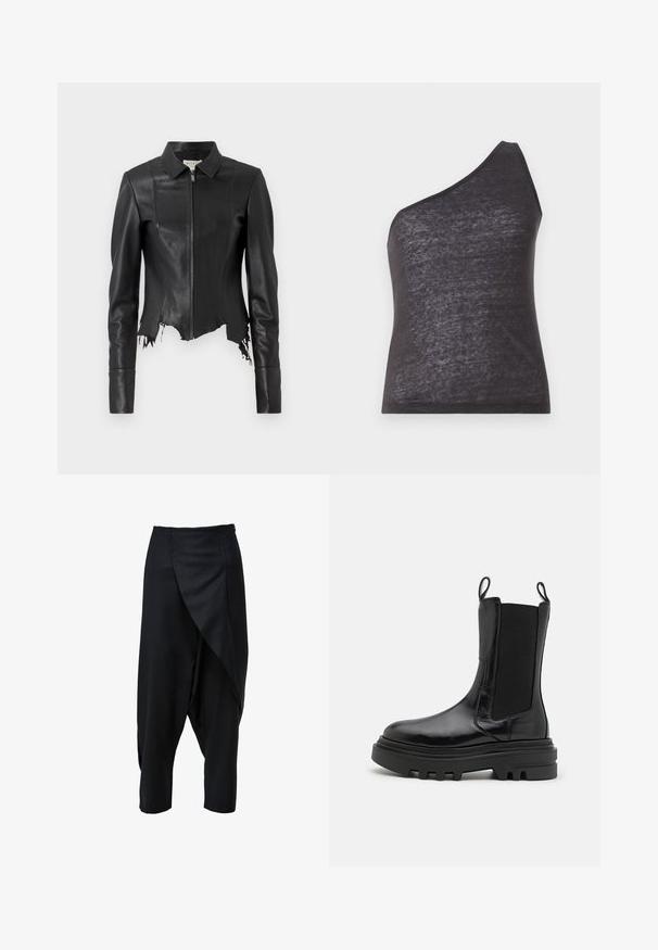 Schwarze, kurze Lederjacke mit Kragen, Reißverschluss vorne und einer Brusttasche; verfügt über einen ausgefransten Saum und Nahtdetails. Glatte Textur.; Asymmetrisches schwarzes Tanktop mit einem einzelnen Schulterträger, aus weichem, leicht durchscheinendem Stoff, mit einer figurnahen Silhouette und glatter Textur.; Schwarze, kürzere Hosen mit einem drapierten Frontdesign aus glattem Stoff. Verfügen über eine taillierte Taille und schmal zulaufende Beine.; Schwarze Knöchelstiefel mit glänzendem Lederfinish, elastischen Seitenpaneelen, Ziehlaschen und einer dicken, strukturierten Gummisohle. Klobiges Design, elegante Silhouette.