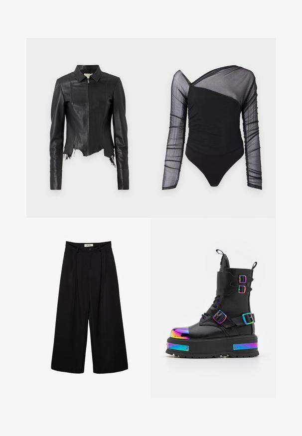 Schwarze, kurze Lederjacke mit Kragen, Reißverschluss vorne und einer Brusttasche; verfügt über einen ausgefransten Saum und Nahtdetails. Glatte Textur.; Schwarzer Body mit langen, durchsichtigen Mesh-Ärmeln. Verfügt über eine geraffte Textur im Oberteil, einen asymmetrischen Ausschnitt und einen Tanga-Schnitt.; Schwarze Hosen mit weitem Bein und hoher Taille, mit vorderen Falten, zwei Seitentaschen und einem Knopfverschluss. Glatte Stoffstruktur.; Koi Footwear COSMIC FIRE METAL PLATFORM BOOTS - Schnürstiefelette - black/multi-coloured