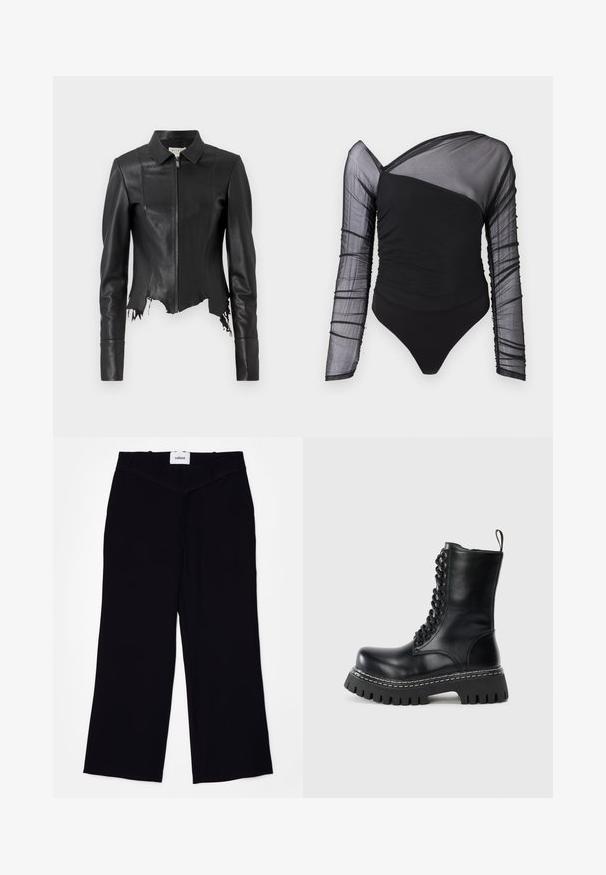 Veste en cuir noire courte avec un col, fermeture éclair à l'avant et une poche poitrine unique ; présente un ourlet effiloché et des détails de couture. Texture lisse.; Bodysuit noir avec de longues manches en maille transparente. Présente une texture froncée sur le corps, un décolleté asymétrique et une coupe thong.; Pantalons larges noirs en tissu lisse. Dotés d'une taille plate avec passants de ceinture et d'une finition soignée aux ourlets.; Botte de combat en cuir noir avec semelle épaisse à crampons, lacets à l'avant, fermeture éclair sur le côté et tirant sur un fond clair.
