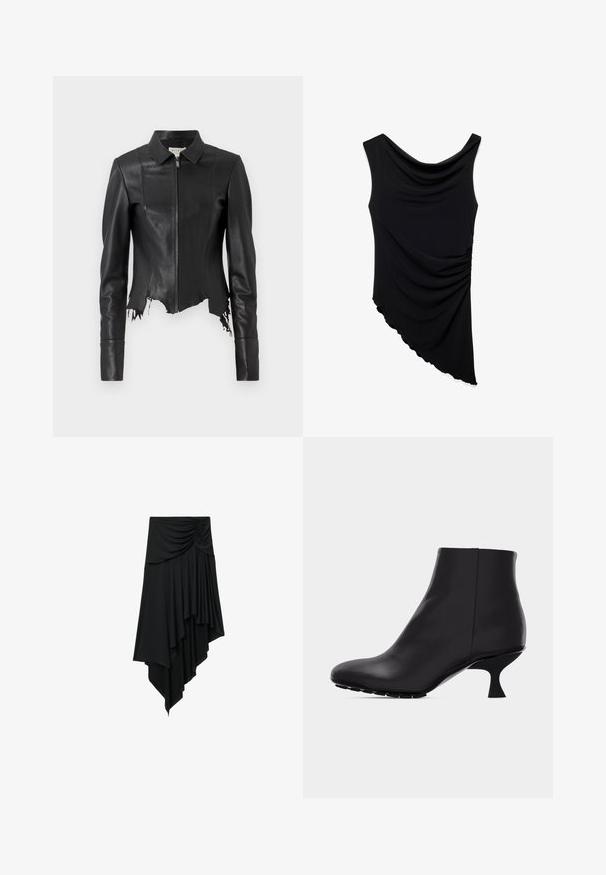 Chaqueta de cuero negra recortada con cuello, cierre frontal de cremallera y un bolsillo en el pecho; presenta un dobladillo deshilachado y detalles en las costuras. Textura suave.; Top negro sin mangas con dobladillo asimétrico, escote drapeado y detalle fruncido en un lado.; Falda negra asimétrica con detalle fruncido en la cintura y tela en capas drapeada que crea un dobladillo en cascada.; Botín negro de cuero con punta puntiaguda y tacón curvo único de altura media, mostrado sobre un fondo gris claro liso.