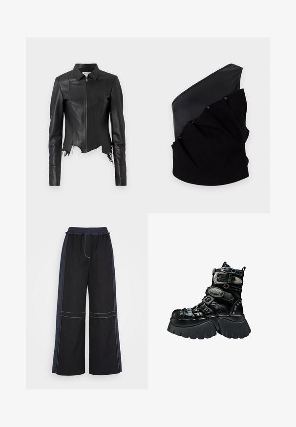 Veste en cuir noire courte avec un col, fermeture éclair à l'avant et une poche poitrine unique ; présente un ourlet effiloché et des détails de couture. Texture lisse.; Haut asymétrique noir avec un panneau en cuir lisse et un tissu tricoté texturé, doté de détails froncés et de boutons-pression.; 3.1 Phillip Lim COMBO UTILITY PANT - Pantalon classique - black eclipse; Botte plateforme noire avec semelle épaisse, multiples brides texturées, boucles argentées, accents métalliques décoratifs et détails cloutés.