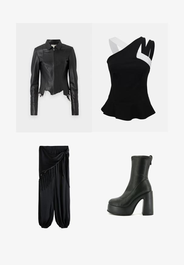 Zwarte croppedd leren jas met een kraag, ritssluiting aan de voorkant en een enkele borstzak; heeft een rafelige zoom en stiksel details. Glad textuur.; Zwarte mouwloze peplumtop met asymmetrische halslijn en contrasterende witte en zwarte schouderbandjes op een effen achtergrond.; Zwarte broek met wijde pijpen, elastische taille, gestrikte sjerp en franjerand aan één zijde, bij de enkels samengebonden.; Zwarte leren enkelboot met een hoge plateauzool en stevige hak. Gladde textuur met stiksels en een trekhaak aan de achterkant.