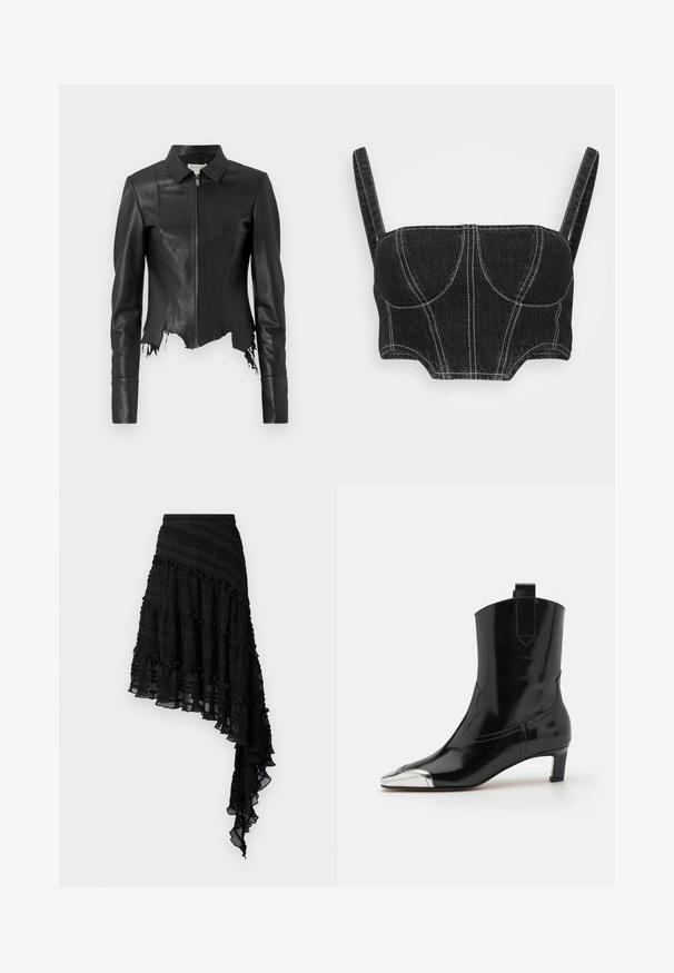 Schwarze, kurze Lederjacke mit Kragen, Reißverschluss vorne und einer Brusttasche; verfügt über einen ausgefransten Saum und Nahtdetails. Glatte Textur.; Schwarzes Denim-Crop-Top mit dünnen Trägern, das über weiße Nähte, einen strukturierten Oberkörper und gewellte Nähte verfügt. Glatte Textur und taillierte Passform.; Schwarze asymmetrische Rock mit strukturierten Falten, geschichteten Rüschen und einem gerafften Taillenbund. Leichter Stoff mit transparenter Optik.; ALOHAS SHIMMER BICOLOR BOOTS - Stiefelette - black/silver
