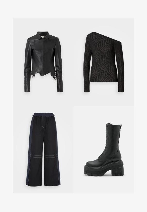 Schwarze, kurze Lederjacke mit Kragen, Reißverschluss vorne und einer Brusttasche; verfügt über einen ausgefransten Saum und Nahtdetails. Glatte Textur.; Schwarzes langärmliges Oberteil mit asymmetrischem Ausschnitt, ausgestattet mit einem Zebra-Streifen-Muster und einer durchsichtigen Textur.; 3.1 Phillip Lim COMBO UTILITY PANT - Stoffhose - black eclipse; Schwarze Leder Schnürstiefel mit hoher Plateausohle, runder Zehenform, seitlichem Reißverschluss und strukturiertem Profil für besseren Halt.