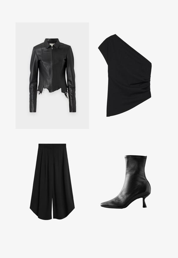 Schwarze, kurze Lederjacke mit Kragen, Reißverschluss vorne und einer Brusttasche; verfügt über einen ausgefransten Saum und Nahtdetails. Glatte Textur.; Schwarzes Top mit einem Schulterträger aus dehnbarem Stoff, das seitliche Raffung und einen asymmetrischen Saum aufweist. Glatte Textur mit leichtem Fall.; Schwarze, weit geschnittene, verkürzte Hose mit Plissees und hohem Bund, mit lockerem, fließendem Sitz und schrägem Saum.; Schwarze Lederstiefelette mit spitz zulaufender Spitze, tailliertem Design und einem niedrigen, ausgestellten Absatz, verfügt über eine glatte Textur und minimale Nähte.