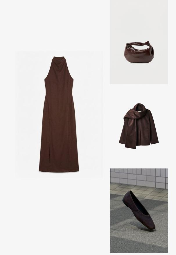 Veste en laine mélangée marron avec un large col en écharpe et une conception à ouverture frontale. Texture douce, coupe décontractée et sans fermetures visibles.; Robe maxi sans manches marron foncé avec col montant et taille cintrée, présentant des fentes latérales du genou à l'ourlet.; Chaussure plate marron foncé unique flottant au-dessus d'un sol texturé avec un mur carrelé en arrière-plan.; Sac bandoulière en cuir marron foncé avec une forme souple et décontractée et une anse nouée torsadée sur un fond blanc uni.